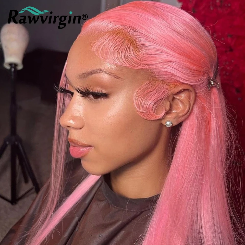 32 Inch Rose Pink Colored 13x4 Human Hair Wig Transparent Lace Frontal Wig Brazilian Remy Hair Lace Front Wig Straight 180%