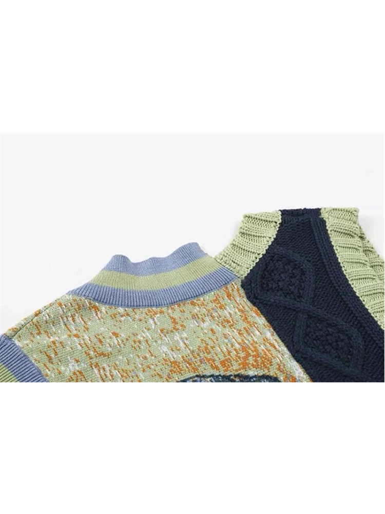 Women's Sweater Vest Sleeveless V neck jumper Print Spring Vintage Irregular Patchwork Crop Tops Loose Knitwear 2022 New Female