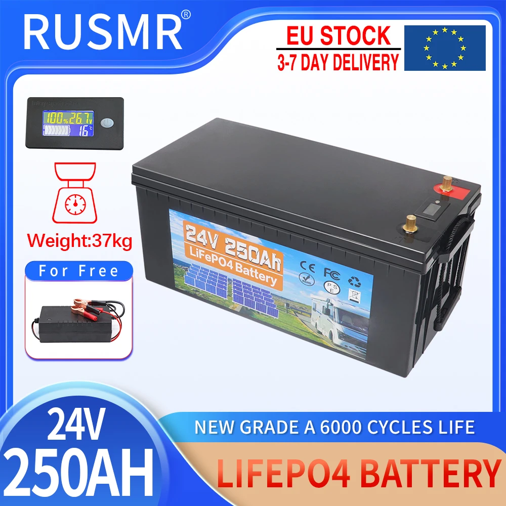 24V LiFePO4 Battery 300Ah 250Ah 150AH 100Ah Built-in BMS Lithium Iron Phosphate Cells Pack 6000 Cycles For RV Campers Golf Cart