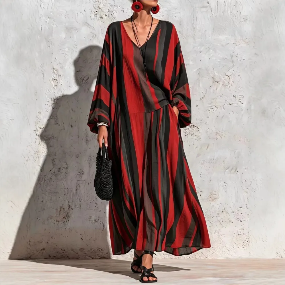 Conjunto de dos piezas a rayas para mujer, blusa holgada de manga larga con cuello en V y pantalón largo de cintura alta, ideal para vacaciones, uso casual, traje de lino.