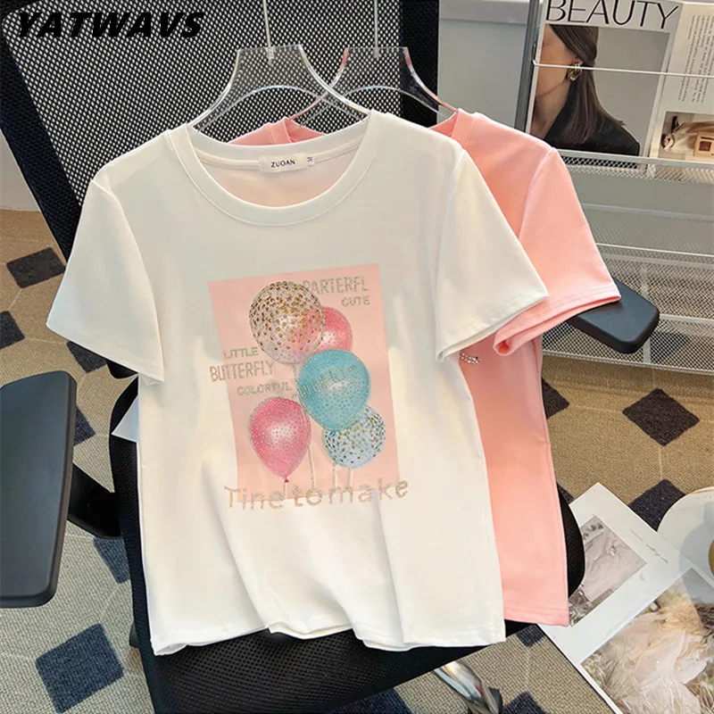 

2024 Super Flash Love Balloon Hot Diamonds Women's T-shirt Clothing New Summer Short-Sleeved Shiny Lady O-Neck Cotton Tops Shirt