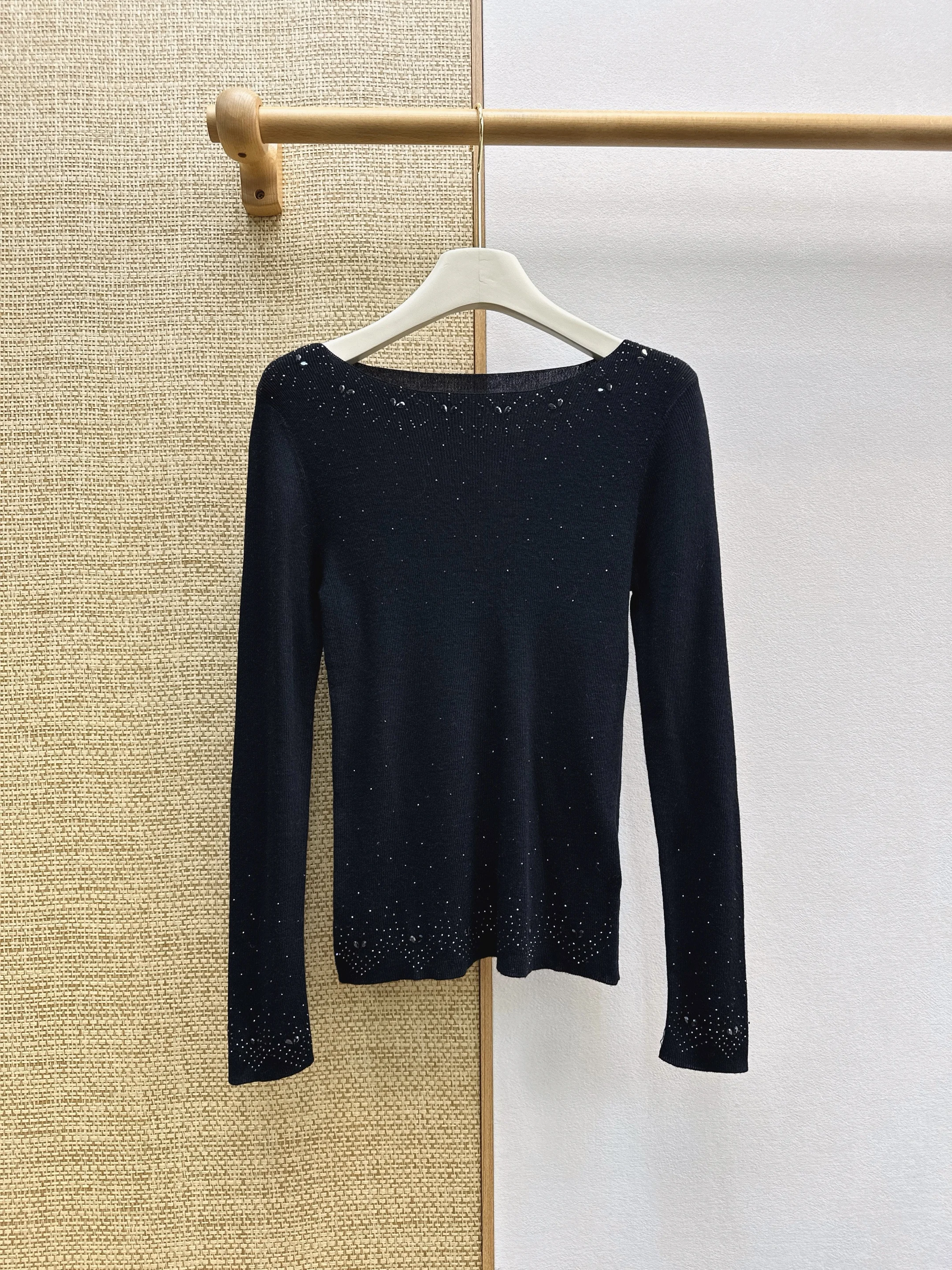 New Autumn Winter Rhinestone Boat Neck Knit Base Top, Fine Soft Wool Slim Long Sleeve Underwear Shirt