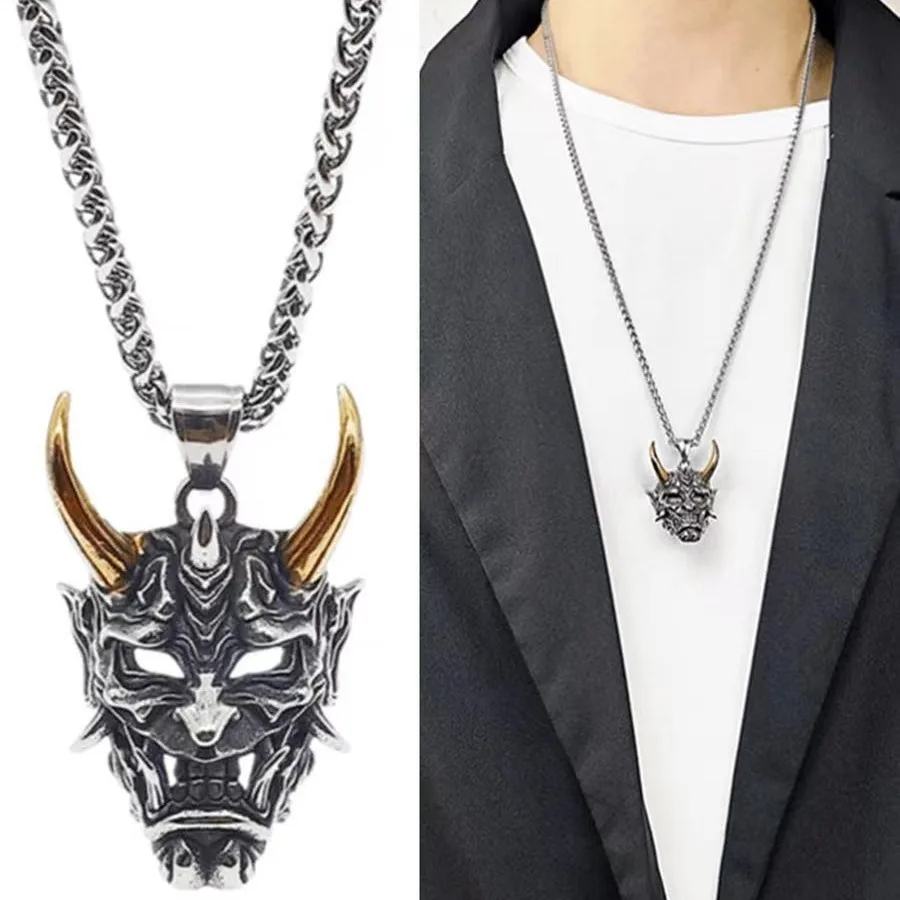 Vintage Punk Demon Mask Samurai Ghost Pendant Necklace Men's and Women's Long Chain Hip Hop Rock Party Necklace Gift Accessories