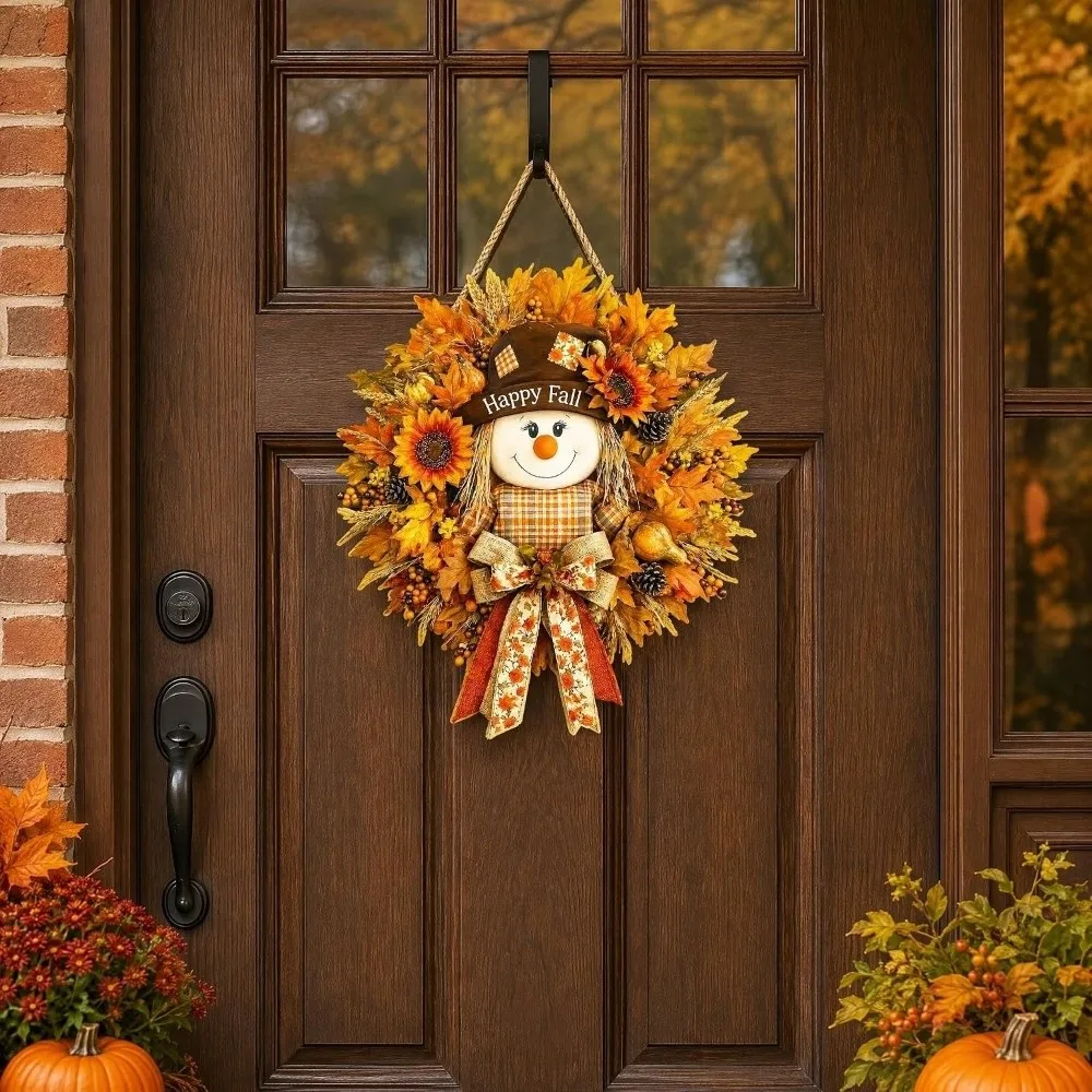 Wooden Harvest Festival Sign 2D Flat Print Maple Leaf Fall Halloween Decorative Sign Rustic Scarecrow Wreath