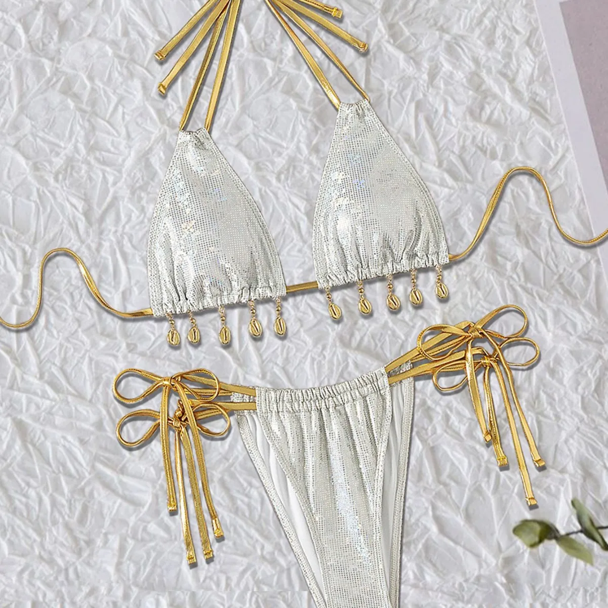 

Hot Sale Swimsuit Shell Pendant Sexy Adjustable Lace-Up Women's Bikini Swimsuit Backless 2025 New