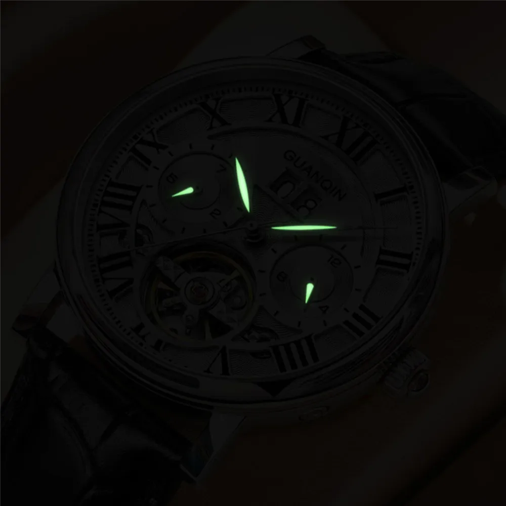 GUANQIN Luminous Leather Mechanical Wrist Watch Sapphire Crystal Military Men Tourbillon Watches Waterproof Automatic Wristwatch