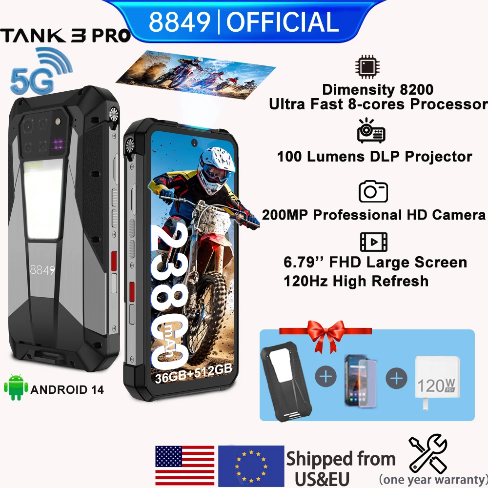 8849 Tank 3 Pro by Unihertz Rugged Projector Smartphone Android 32/36GB RAM 512GB ROM 5G 120W Charger 23800mAh OTG Mobile Phone