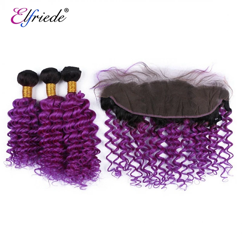 Elfriede #T1B/Purple Deep Wave Ombre Colored Hair Bundles with Frontal 100% Human Hair Weaves 3 Bundles with Lace Frontal 13x4