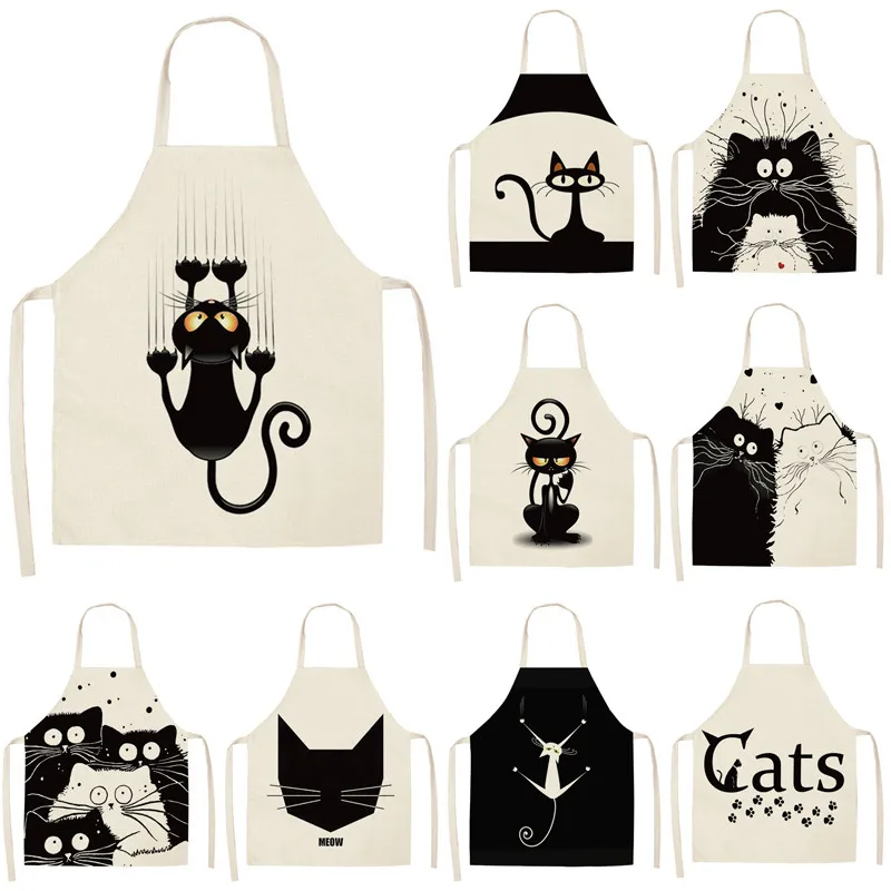 

1Pcs Kitchen Apron Cute Cartoon Cat Printed Sleeveless Cotton Linen Aprons for Men Women Home Cleaning Tools 53*65cm