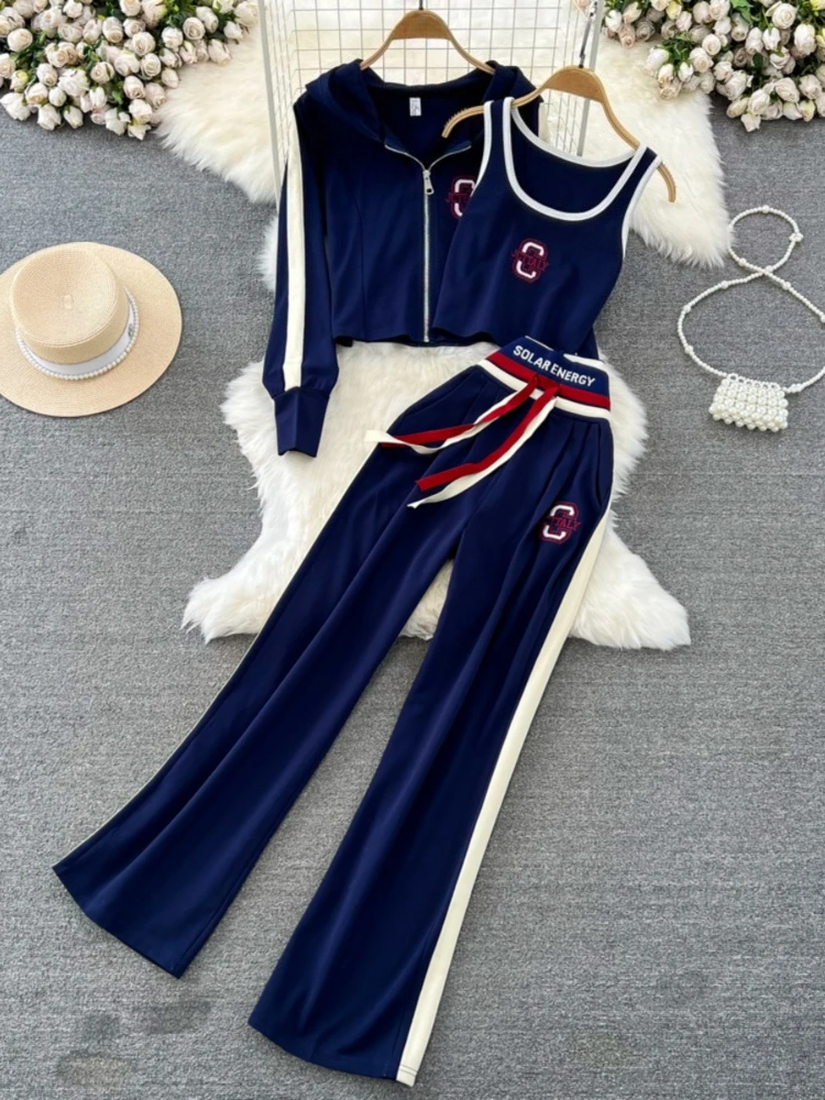 

Женский кардиган на молнии с капюшоном + базовый жилет + широкие брюки с высокой талией в корейском стиле, повседневный модный комплект из трех предметов Y2k