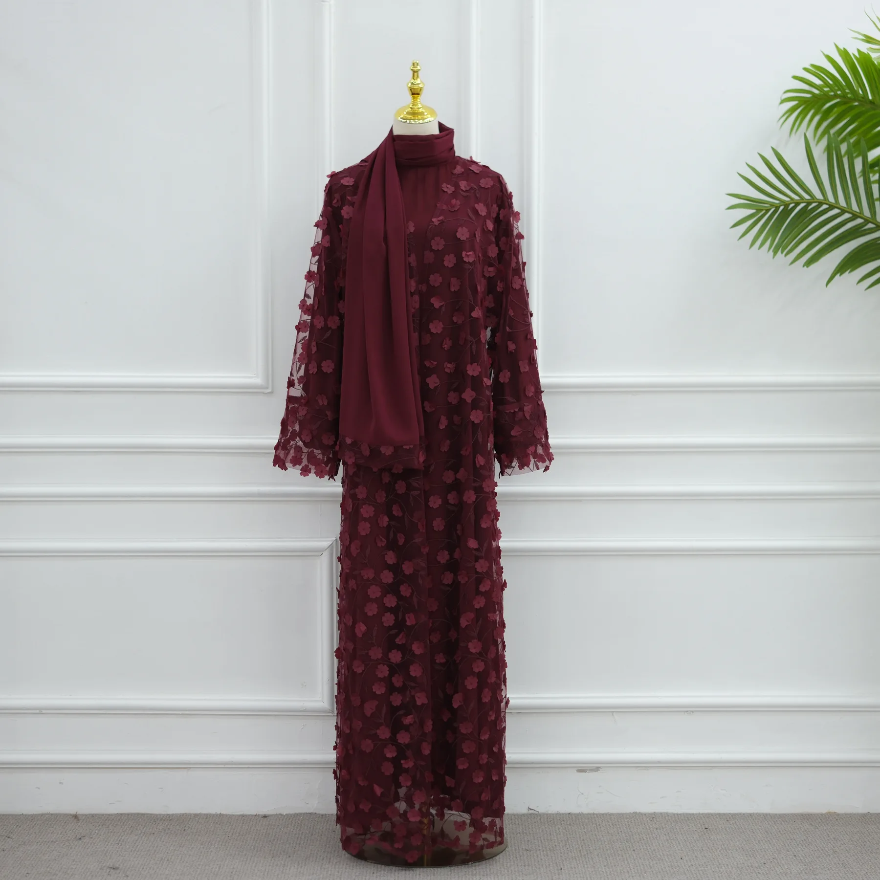 2026 Luxury Abaya EID 3D Floral Embroidery Lace Abaya 3 Pieces Set Modest Abaya Women Muslim Dress with Inner and Hijab view 6