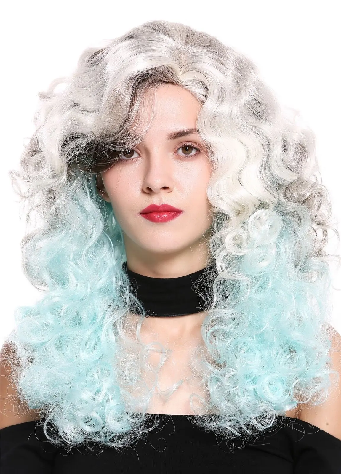 Women's Wig Long Volume Side Part Curls Drag Queen Braun Blonde Blue Synthetic