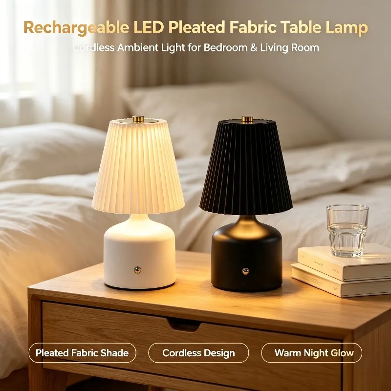 Rechargeable LED Table Lamp, Pleated Fabric Shade Cordless Bedside Light for Bedroom Living Room Home Decor