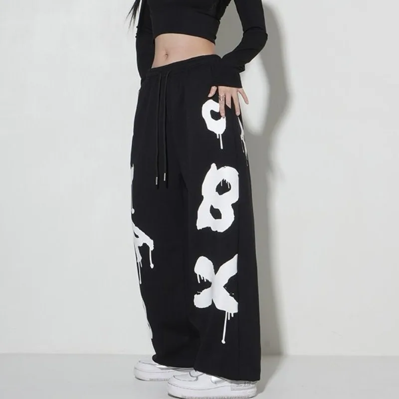 Streetwear Women Quick Dry Trousers 3D Graffiti Drip Letter Pattern Wide Leg Pants Elastic Waist Loose Hip Hop Pants