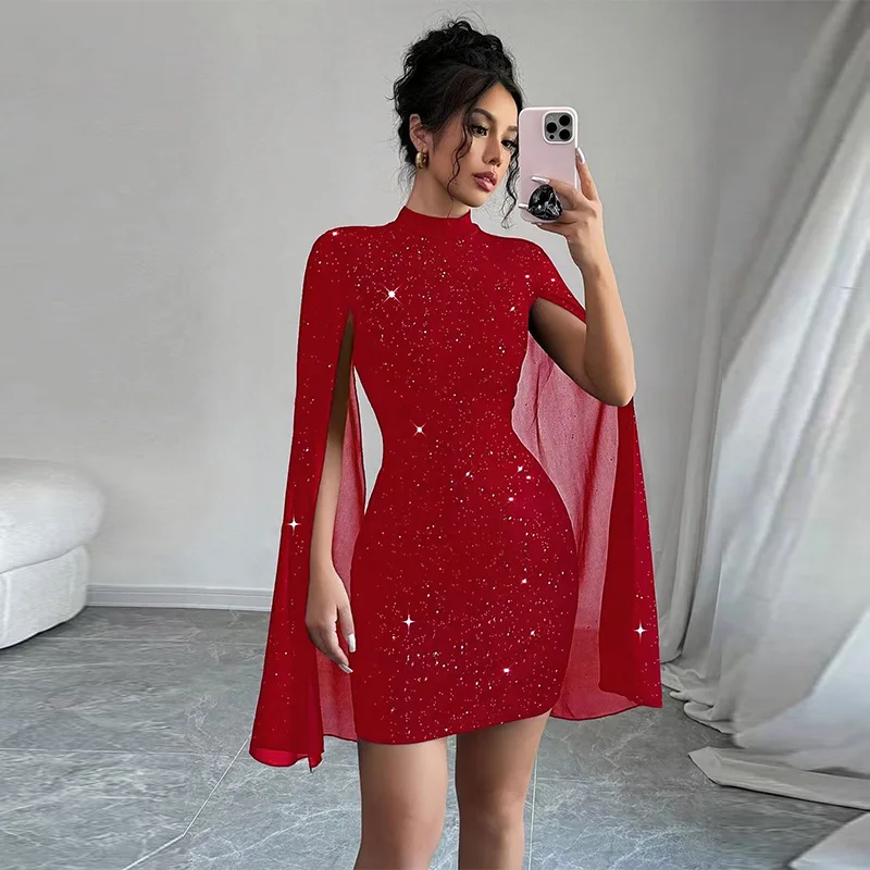 Sexy elegante vestidos de festa à noite em torno do pescoço pit listra pérola chiffon capa manga envolto hip vestido nova moda casual