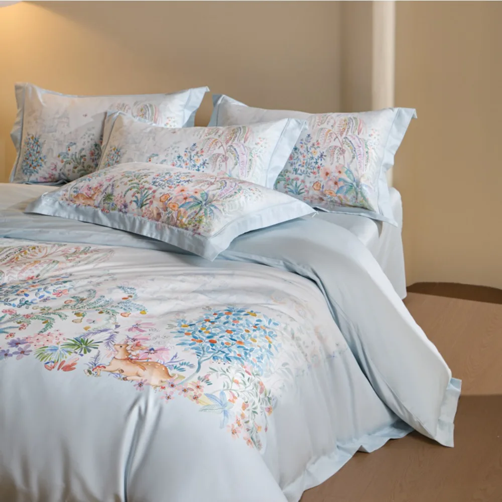 Pure Cotton Flower Printing Four-piece Set Wide-edge Flat/Fitted Bed Sheet Quilt Cover Pillowcases Bedding Set Home Textiles 4