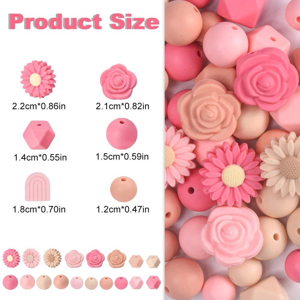 LOFCA 50pcs Soft Silicone Flower Round Teething Beads Mixed Set For DIY Bracelet Necklace Jewelry Crafting accessories Wholesale view 4