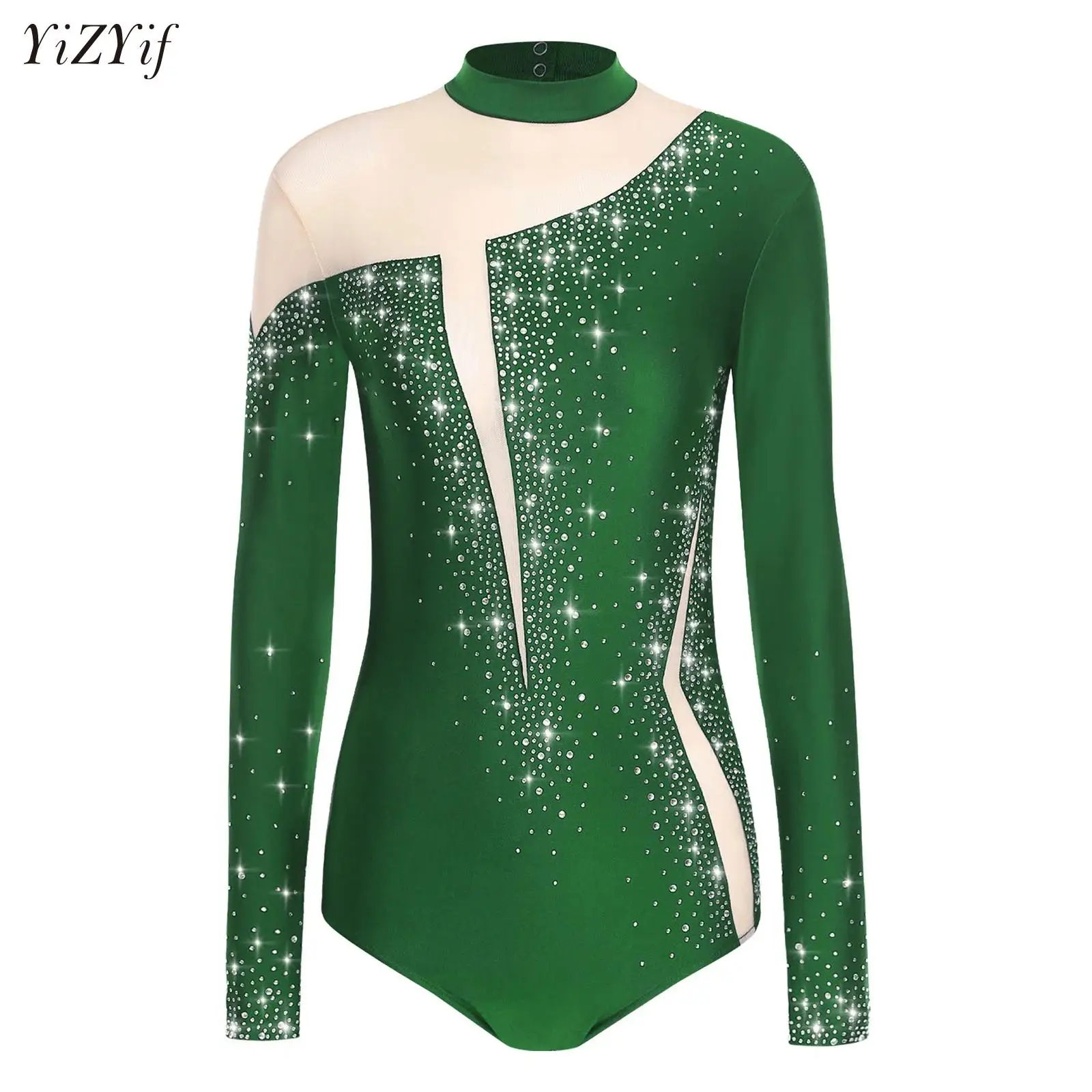 

Long Sleeve Adult Leotards Women Sparkly Rhinestones Gymnastics Leotard Figure Skating Dance Competition Performance Costume