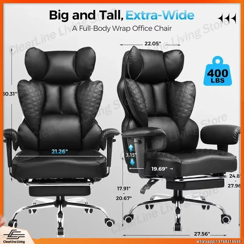 Big and Tall Office Chair 400 lbs Heavy Duty Ergonomic Executive Chair with Footrest Adjustable Lumbar Support Reclining 150°