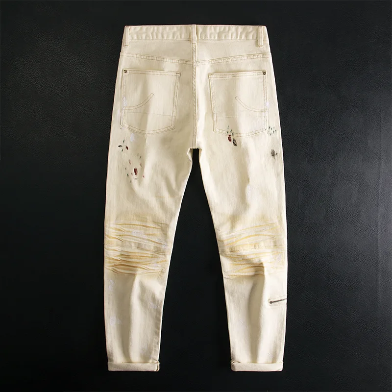 Graffiti splashed ink patchwork jeans men's beige high street cool casual fashion elastic zipper slim fit small leg pants