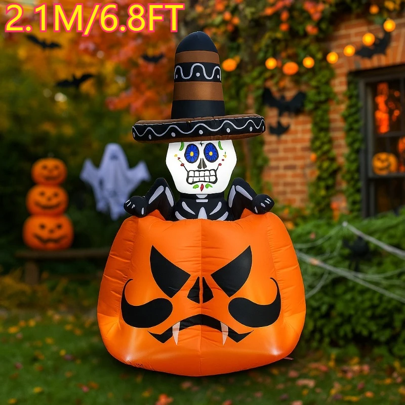 

6.8FT Halloween Inflatables Toy Holiday Lighting Animated Skeleton Man in The Pumpkin Rising Built-in LEDs Outdoor Garden Decor