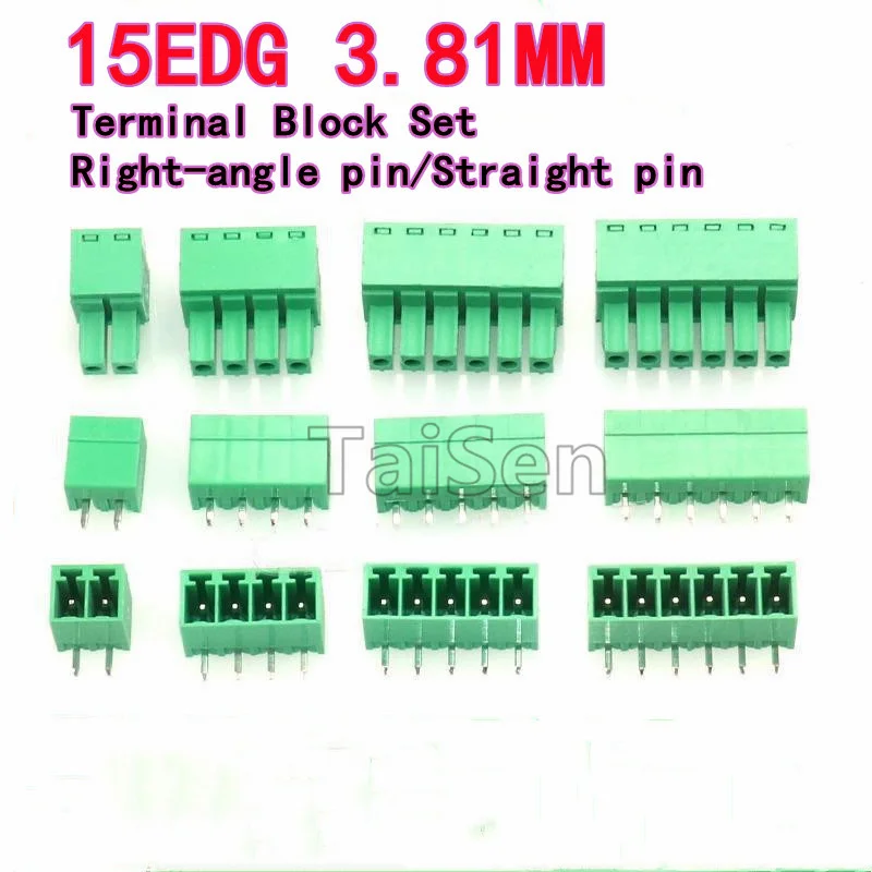 

5 sets 3.81mm 15EDG Plug-in Terminal Block Set Right-angle pin Straight pin 2P/3P/4P/5P