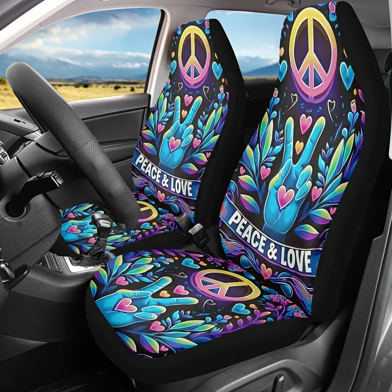 2pcs Universal Covers For 2 Cars, Featuring A 'Peace And Love' Print, Suitable For Sedans, Suvs, And Vans, Making For Excellent