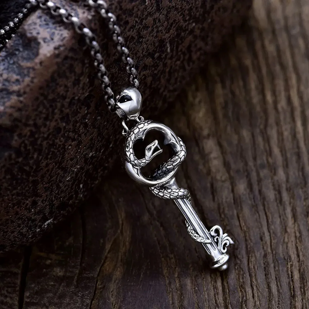 BOCAI NEW S925 Sterling Silver Vintage Hip-hop Snake Wrap key Pendant