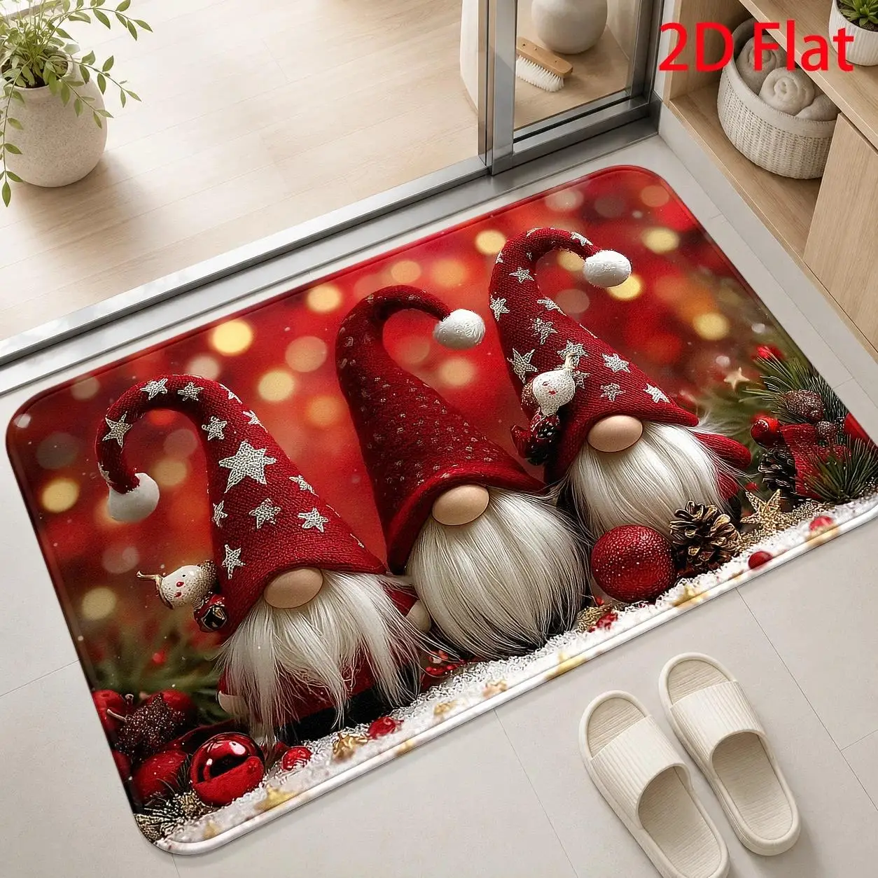 Vibrant Red Festive Nordic Dwarf Pinecone Bell Print Durable Washable Floor Mat For Cozy Winter House Doorway