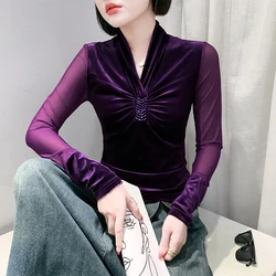 #7503Black Red Purple Velvet Spliced Mesh Long Sleeve T Shirt Women V-neck Folds Diamonds Sexy France Style Sexy Tight Tee Shirt