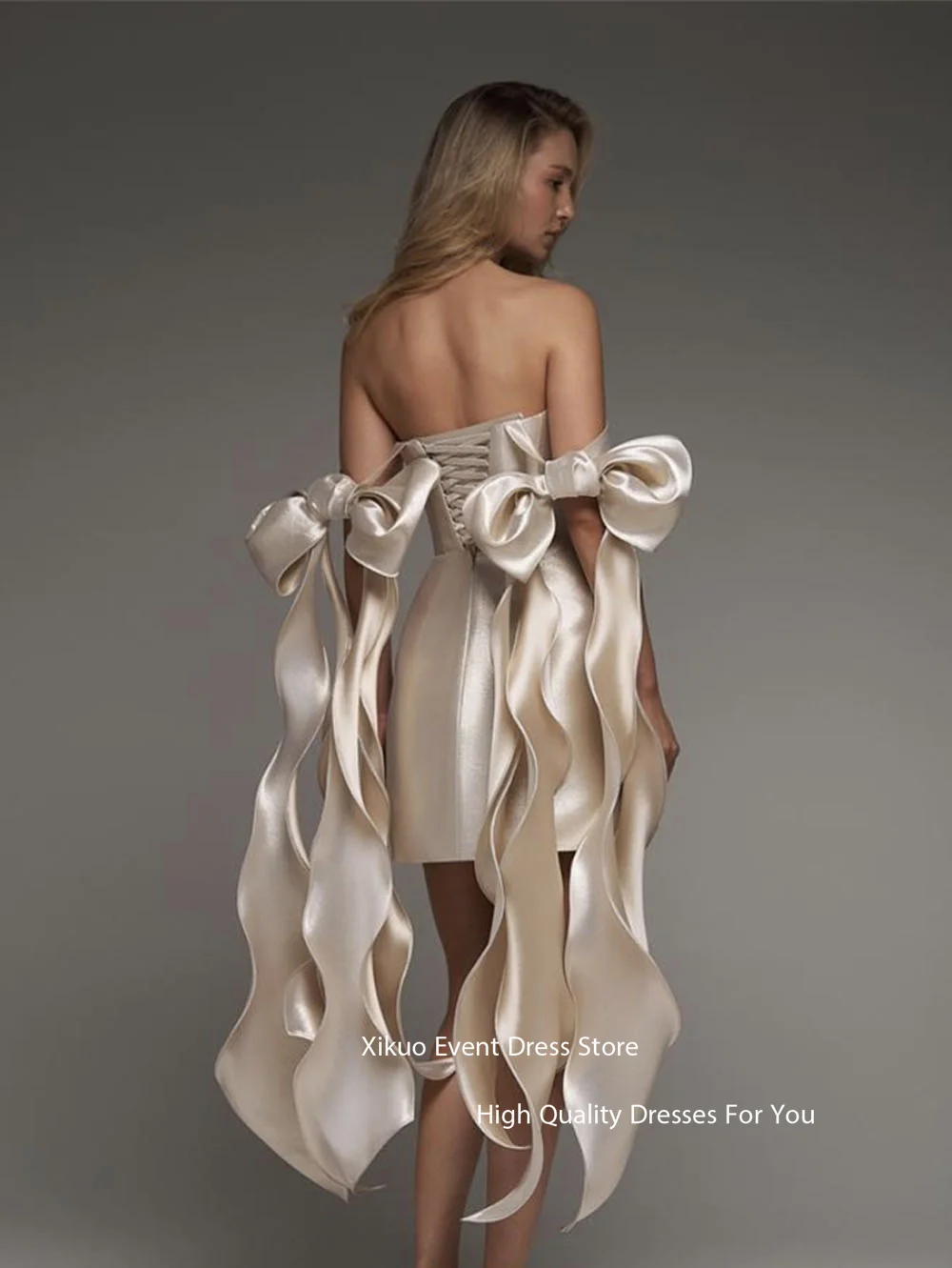 Xikuo elegante cetim vestidos de baile mini champanhe fora shouder arco vestido de festa cocktail formatura vestidos de dança matric personalizado