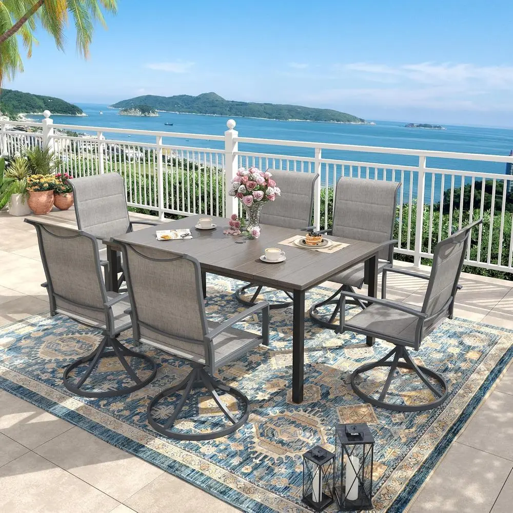 

7-Piece Grey Outdoor Dining Set with 63 Table and Swivel Chairs, Patio Garden Furniture