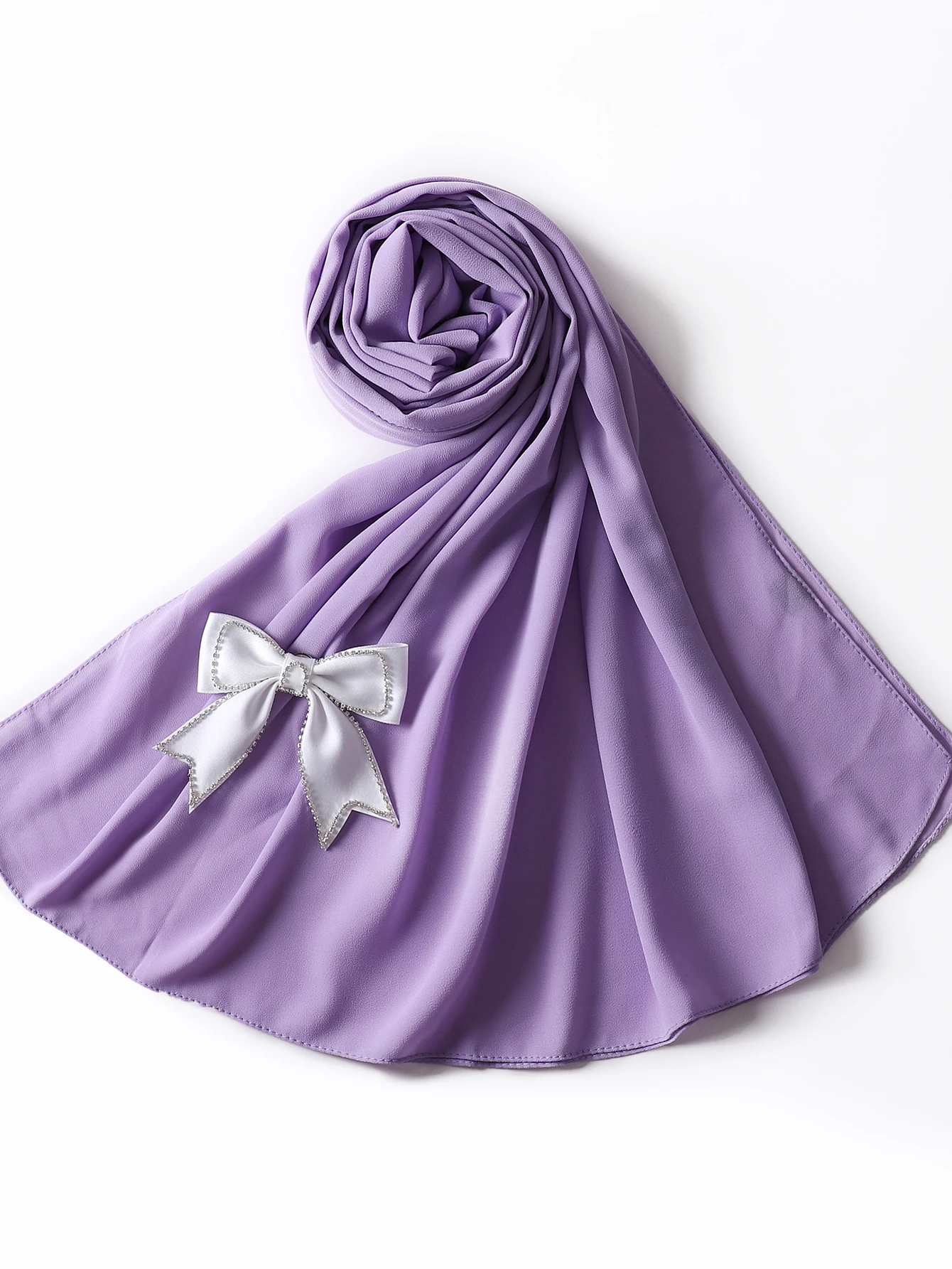 

Wedding Heavy Chiffon Hijab with Bow Good Stitching Plain Hijab Malaysian Shawl Wrap Muslim Headscarf Long Scarf