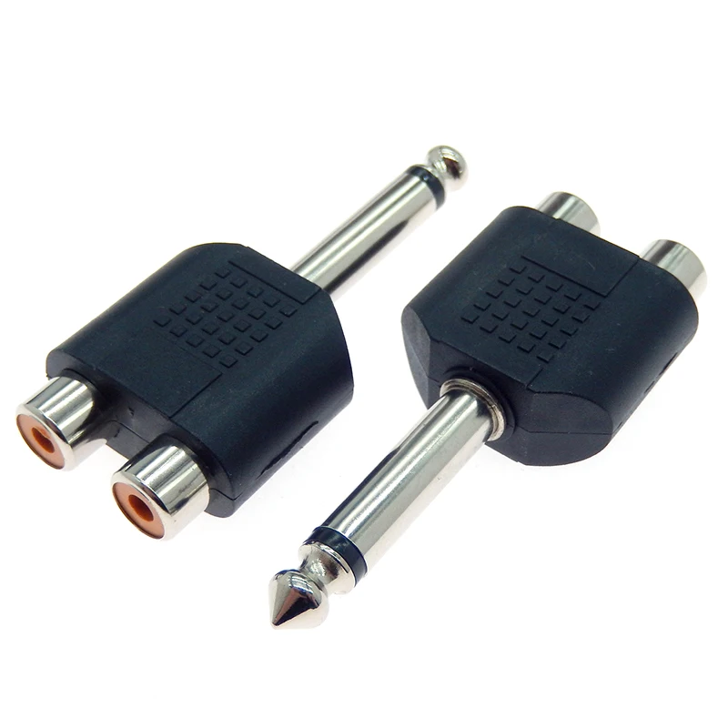 2PCS 6.35mm 1/4 inch Male Mono Channel Stereo To 2 Dual RCA Female Y Splitter Audio Adapter Converter Connector