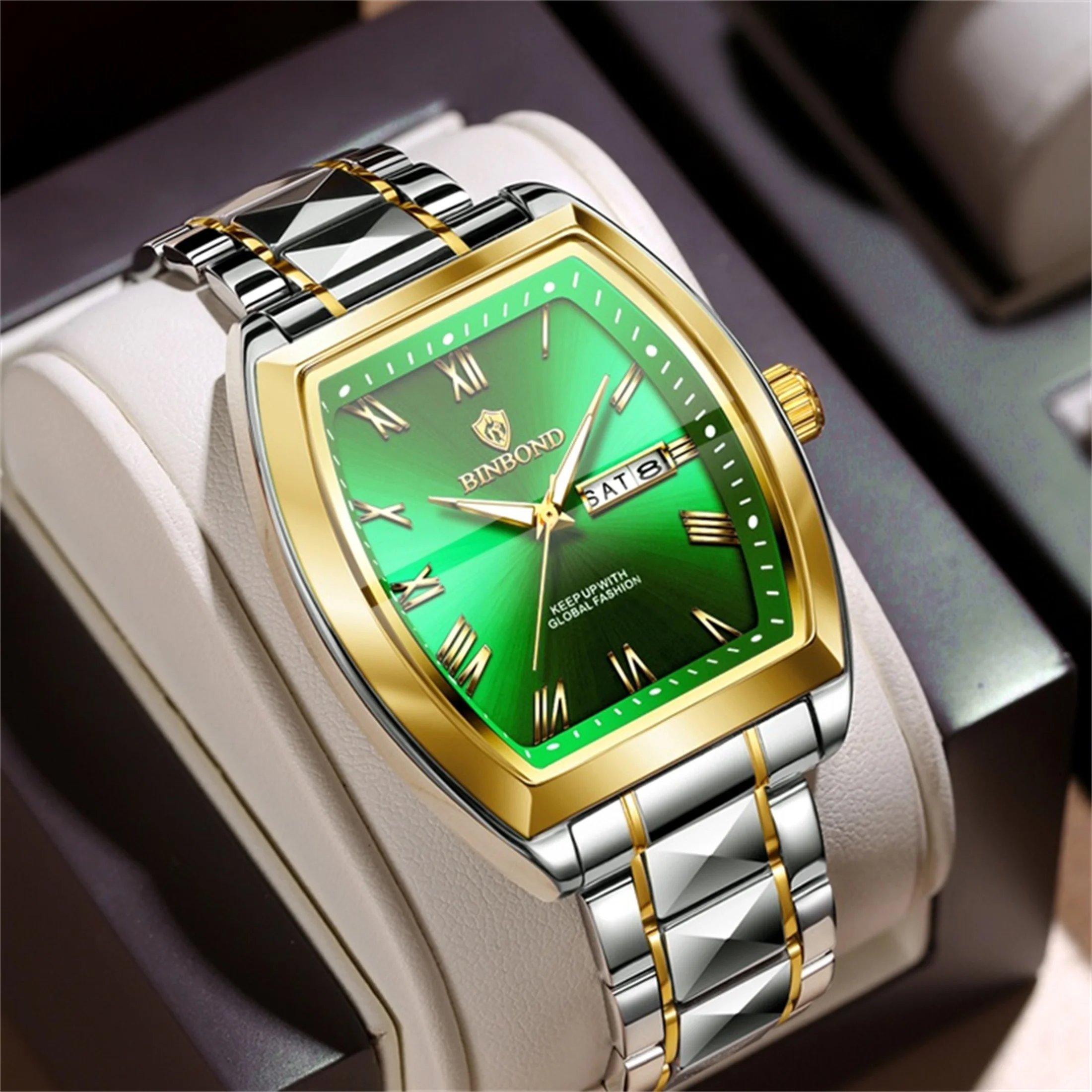 BINBOND Business Gentleman Fashion Square Green Dial Calendar Display Waterproof Quartz Watch Holiday and Birthday Gifts Box