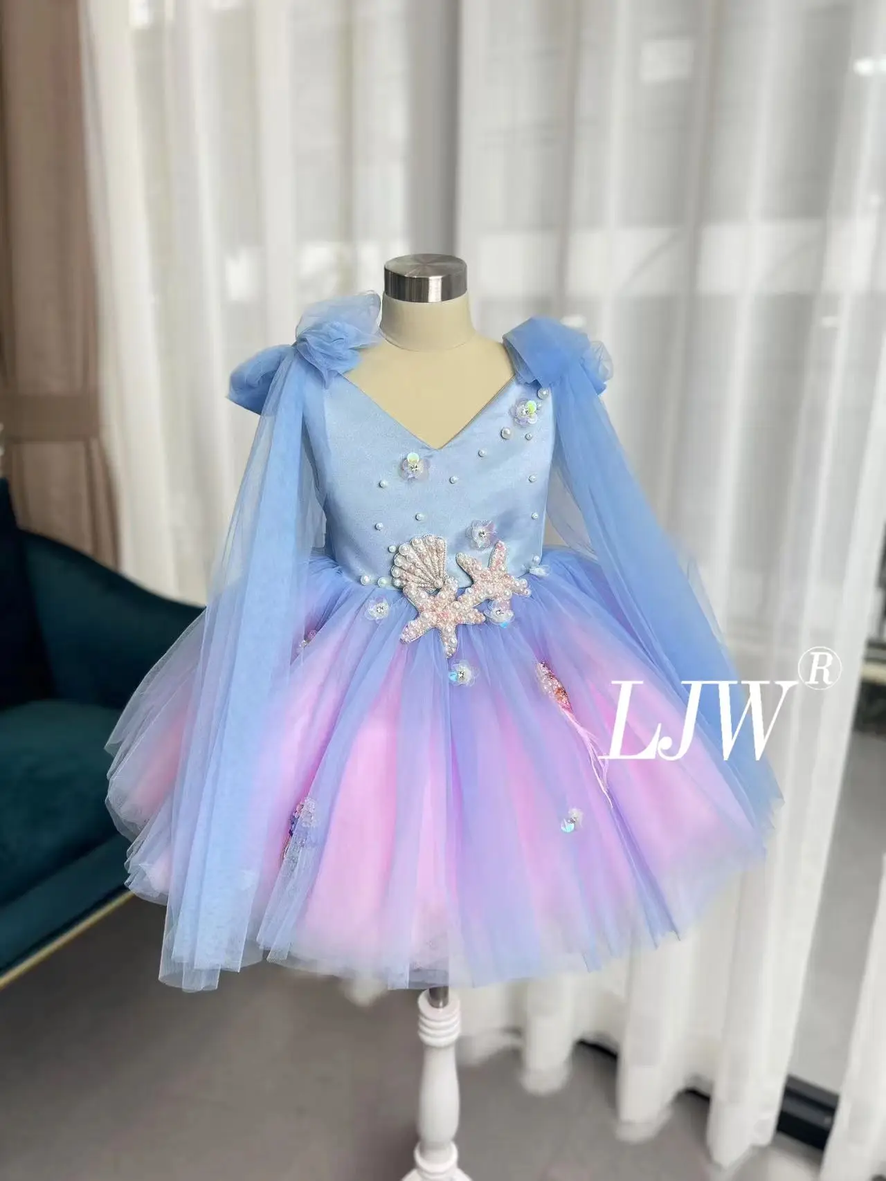 Zomer Mouwloze nieuwe meisjes Festival Banket Formele Gelegenheid Avondjurk Blauw verloop Zeeschelp Element Eerste verjaardag van het meisje