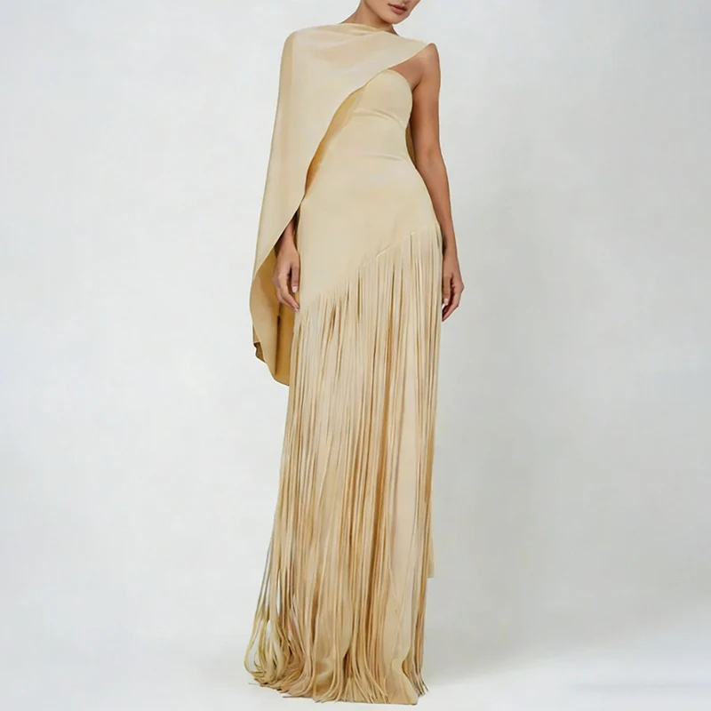 Dames eenvoudige feestjurk, mode-jurk met O-hals, hoge taille, kwastjeszoom en sjaal, elegante effen kleur, mouwloze banketjurk