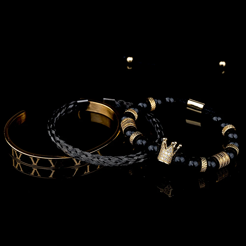 Luxury Roman Royal Crown Charm Men Stainless Steel Tiger's Eye Stone Geometry Pulseiras Open Adjustable Bracelets Couple Jewelry