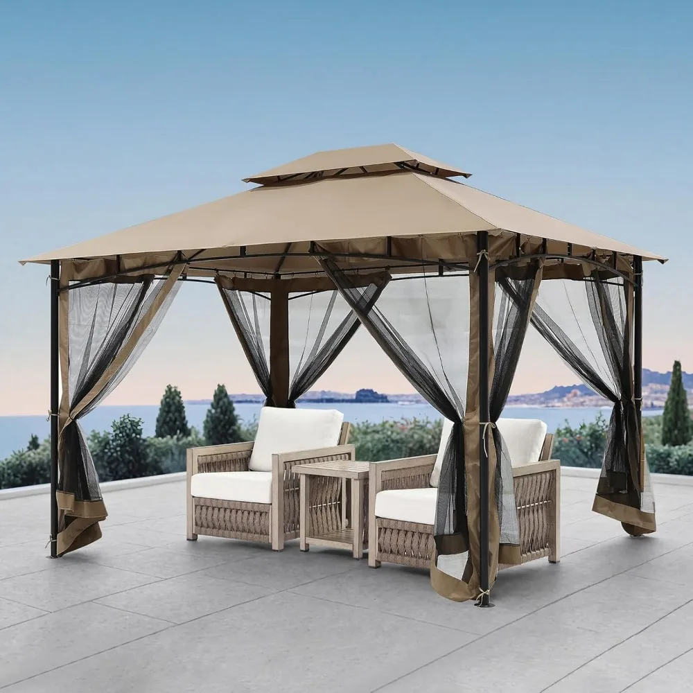 10' X 12' Patio Gazebo, Metal Frame Outdoor Gazebos with Double Roofs, Outdoor Gazebos Shelter Tent, Patio Gazebo Canopy with Mo