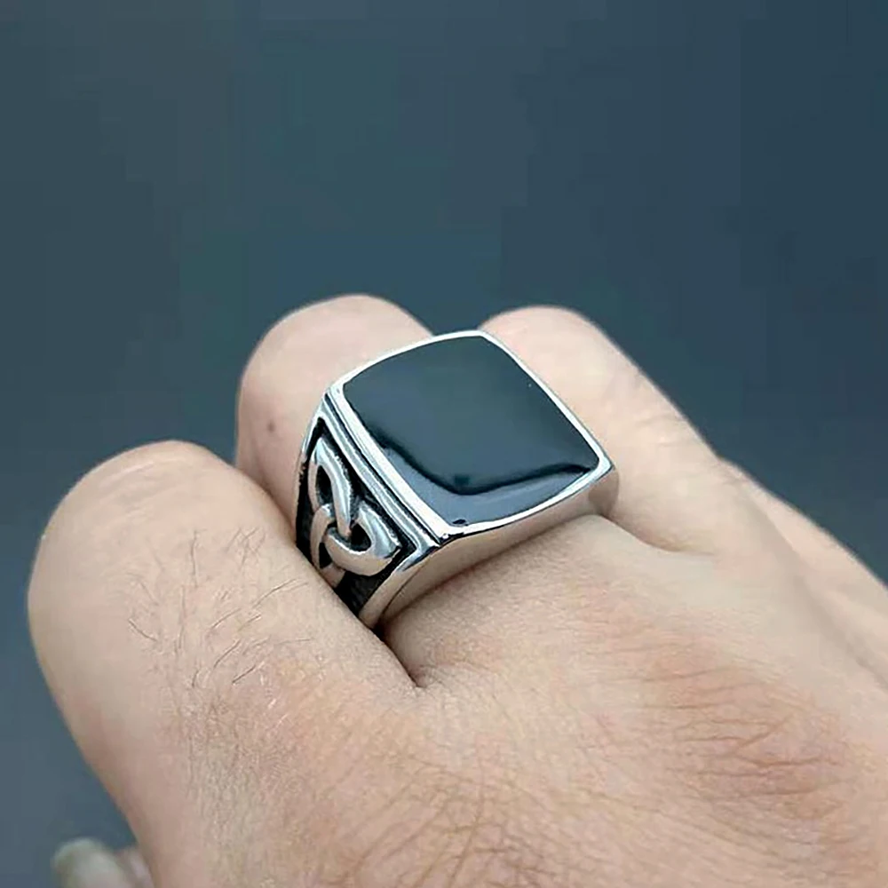 Fashion Vintage Black Stone Square Ring For Men Stainless Steel Nordic Viking Celtics Knot Rings Amulet Jewelry Gifts Wholesale