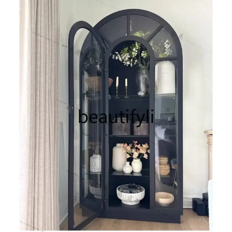 

French Retro Solid Wood Wine Cabinet High-End Glass Bookcase Storage Arched Sideboard