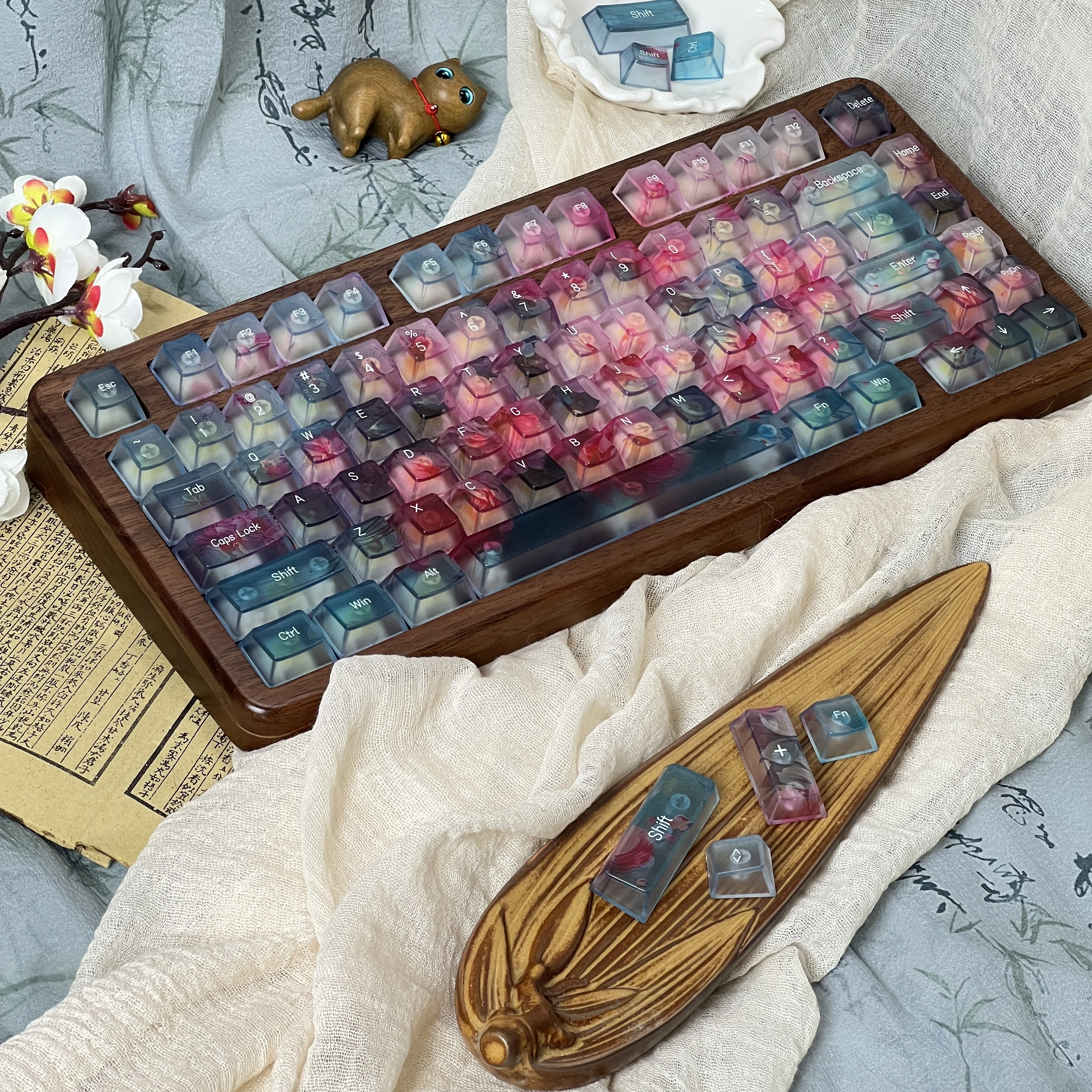 Keycap Floating Flower Pc Translucent 3D Chinese Style Pattern Halo Mist Through Matte Texture Diy Translucent Key Cap