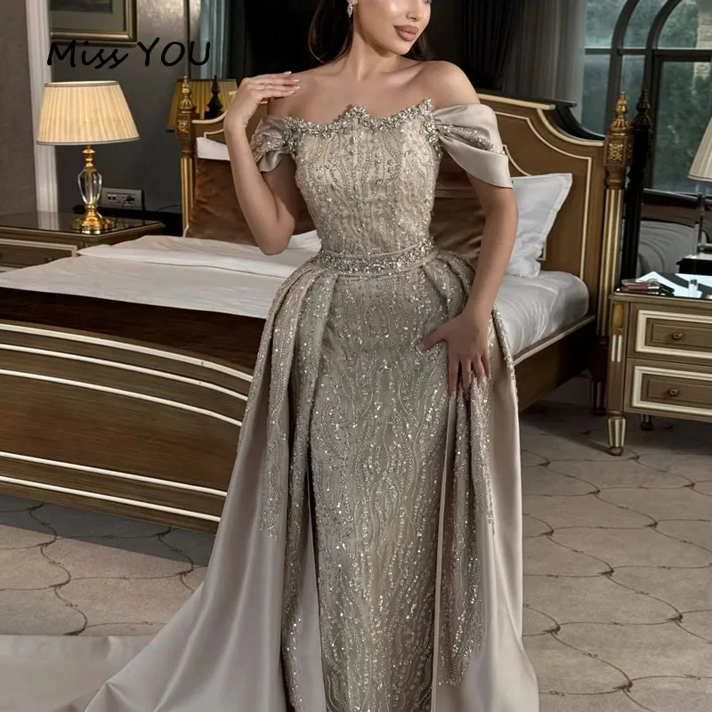 Customized Evening Dress Elegant Crystals Beaded Off Shoulder Luxury Mermaid Sweep Train Formal Prom Wedding Party Gowns