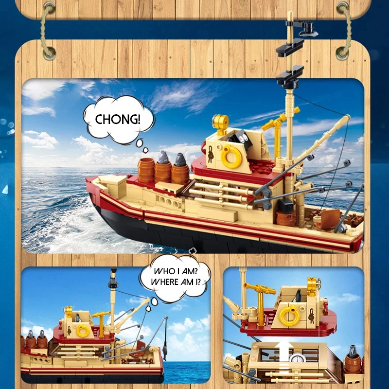 Barco de pesca rastreador grande tubarão branco barco blocos de construção navio pirata modelo tijolos conjunto com mini figuras crianças brinquedos diy presentes