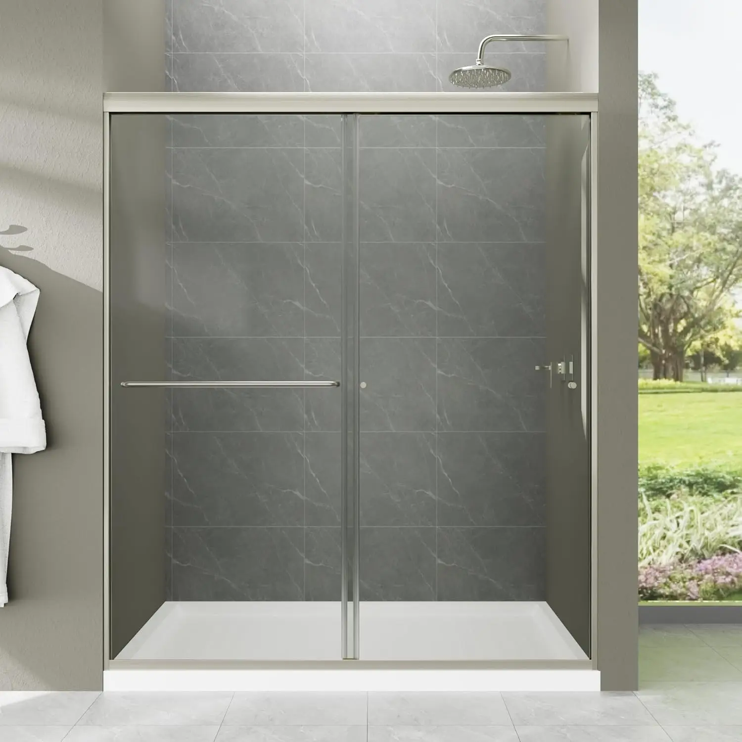 56-60" W x 70" H Semi-Frameless Sliding Shower Door, Glass Shower Door Brushed, Shower Doors can be Installed Left and Right