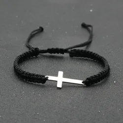 Stainless Steel Cross Charm Bracelet Unisex Handmade Braid Adjustable String Bracelets for Women Cuff Jewelry Couple Gift