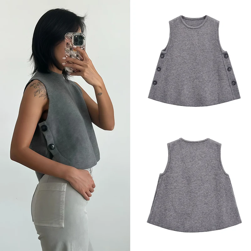 

Новинка 2023 года, женский жилет с боковыми пуговицами, свободный жилет без рукавов от Trafizaran, осенняя многослойная одежда, непринужденный повседневный стиль