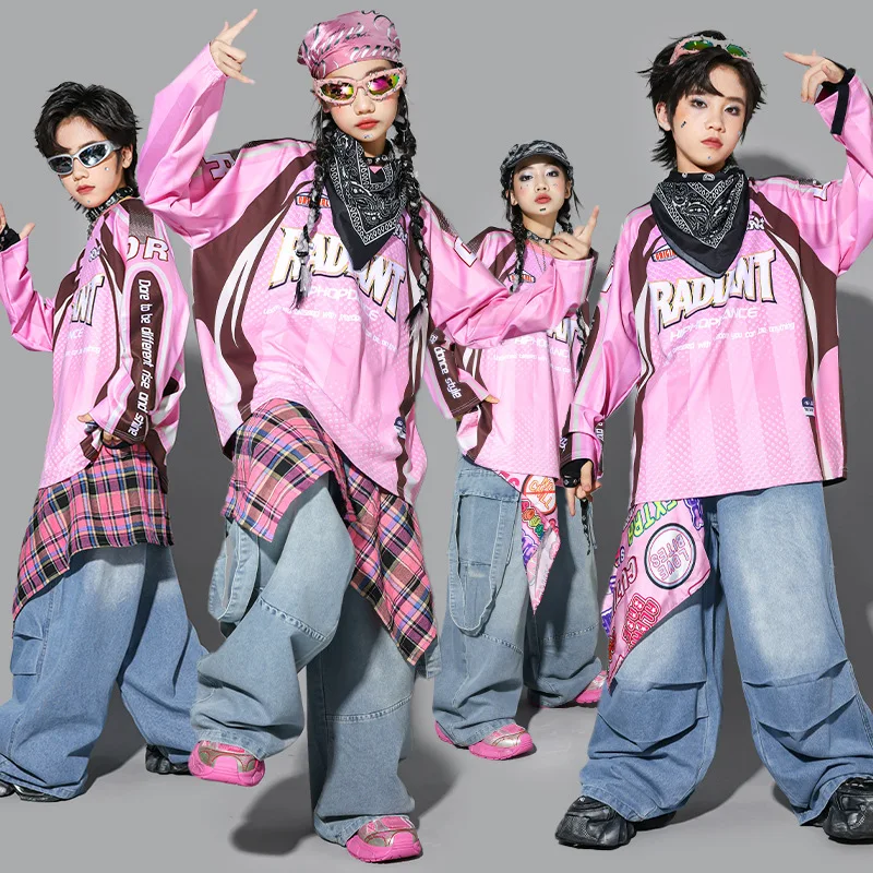 Children's Street Dance Performance Outfit Boys' Hip Hop Denim Clothing Set Breathable Polyester Fiber Round Ne Print Design