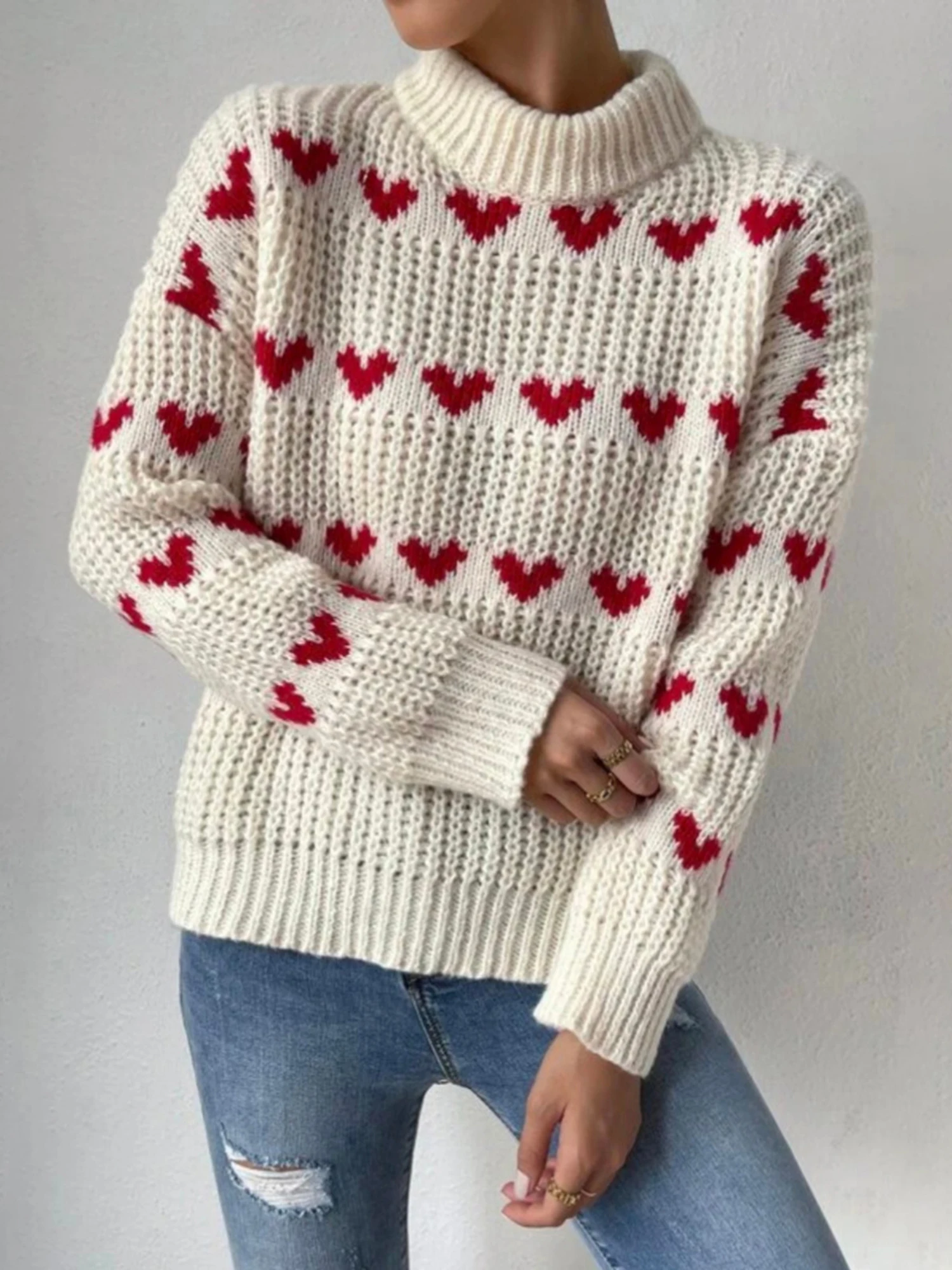 Wsevypo Suéteres de punto holgados para mujer Casual Love Heart Jacquard Manga larga Jerséis con cuello simulado Jerséis Otoño Invierno Prendas de