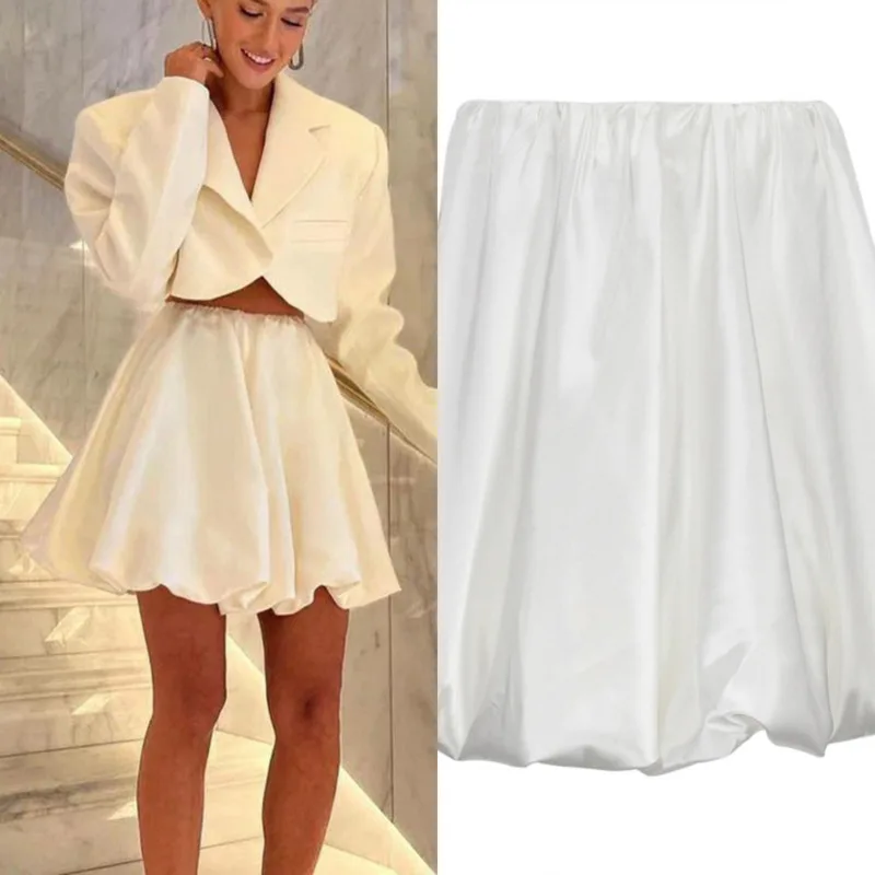 

Elegant Women’s Casual Satin Mini Skirt Korean Fashion High Waist A-line Vintage White Balloon Skirt For Spring Summer 2025 New